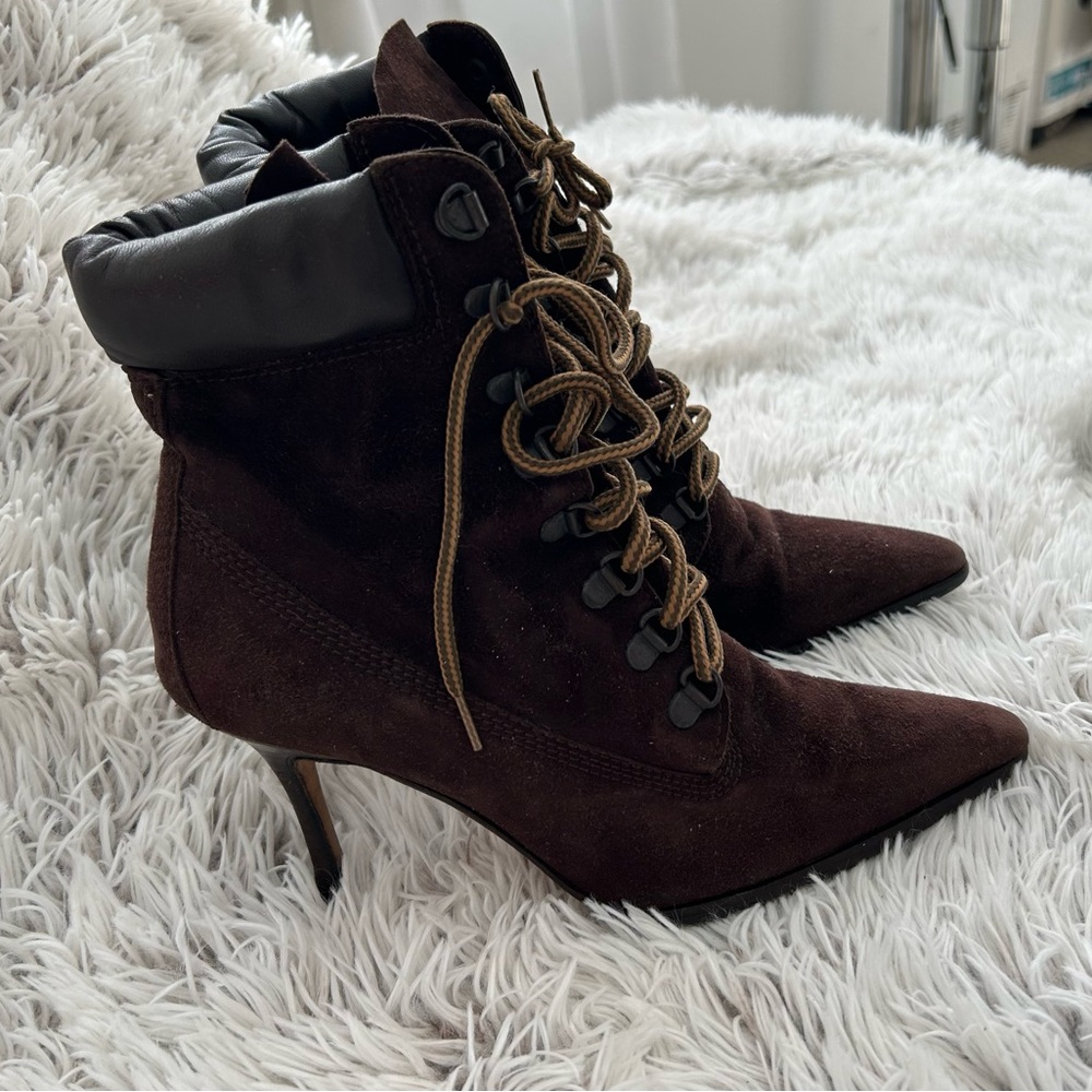 Manolo Blahnik brown suede laced booties